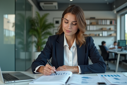Femme d affaires étudie des graphiques financiers au bureau