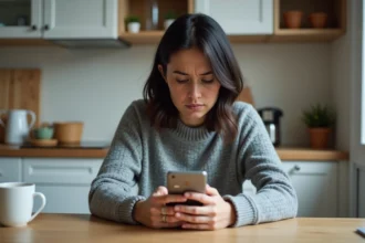Femme frustrée consultant l'application Caisse d'Épargne sur son smartphone avec un message d'erreur visible