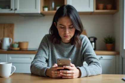Femme frustrée consultant l'application Caisse d'Épargne sur son smartphone avec un message d'erreur visible