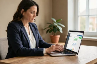 Femme professionnelle gérant ses comptes bancaires en ligne sur un ordinateur portable dans un bureau à domicile organisé
