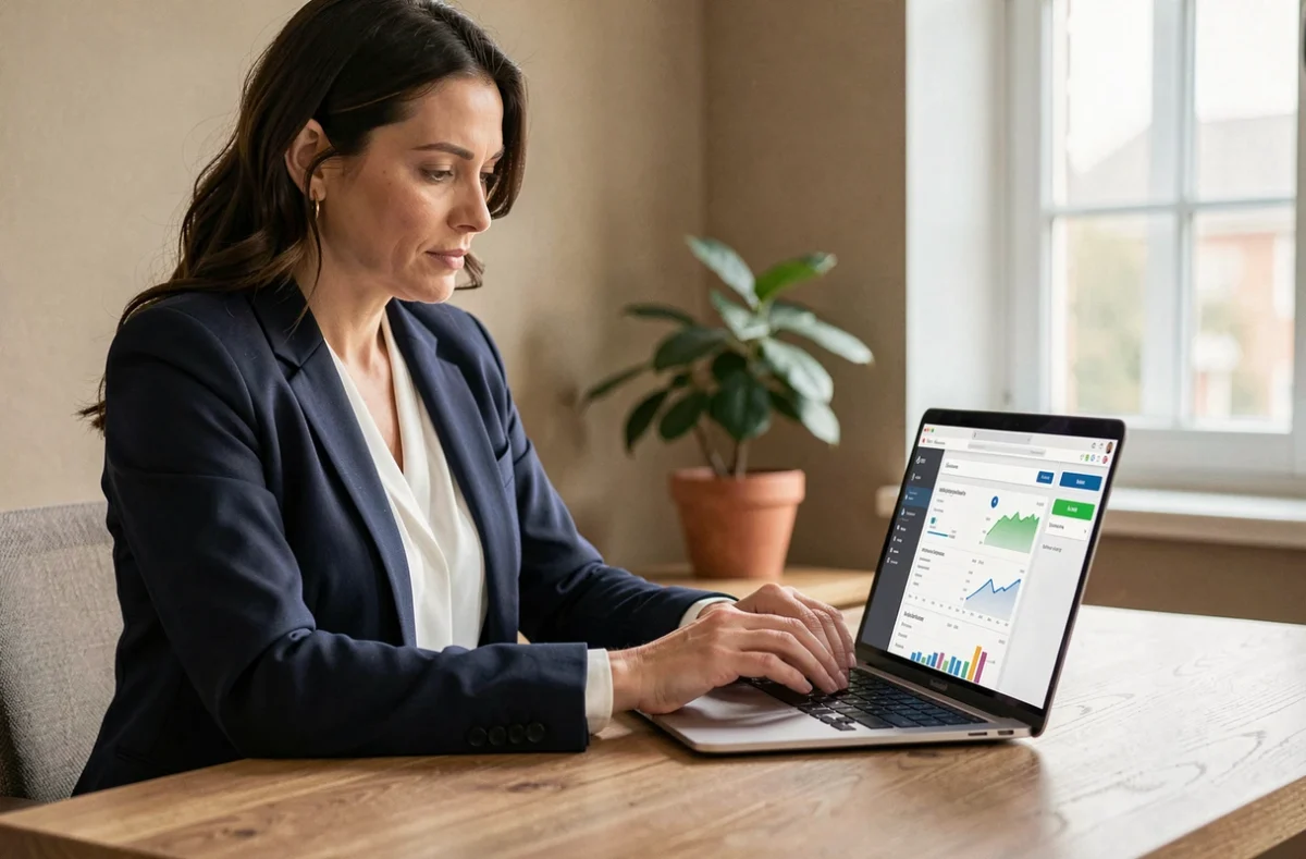 Femme professionnelle gérant ses comptes bancaires en ligne sur un ordinateur portable dans un bureau à domicile organisé