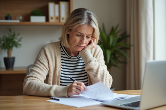 Femme concentrée triant ses documents de pension à domicile