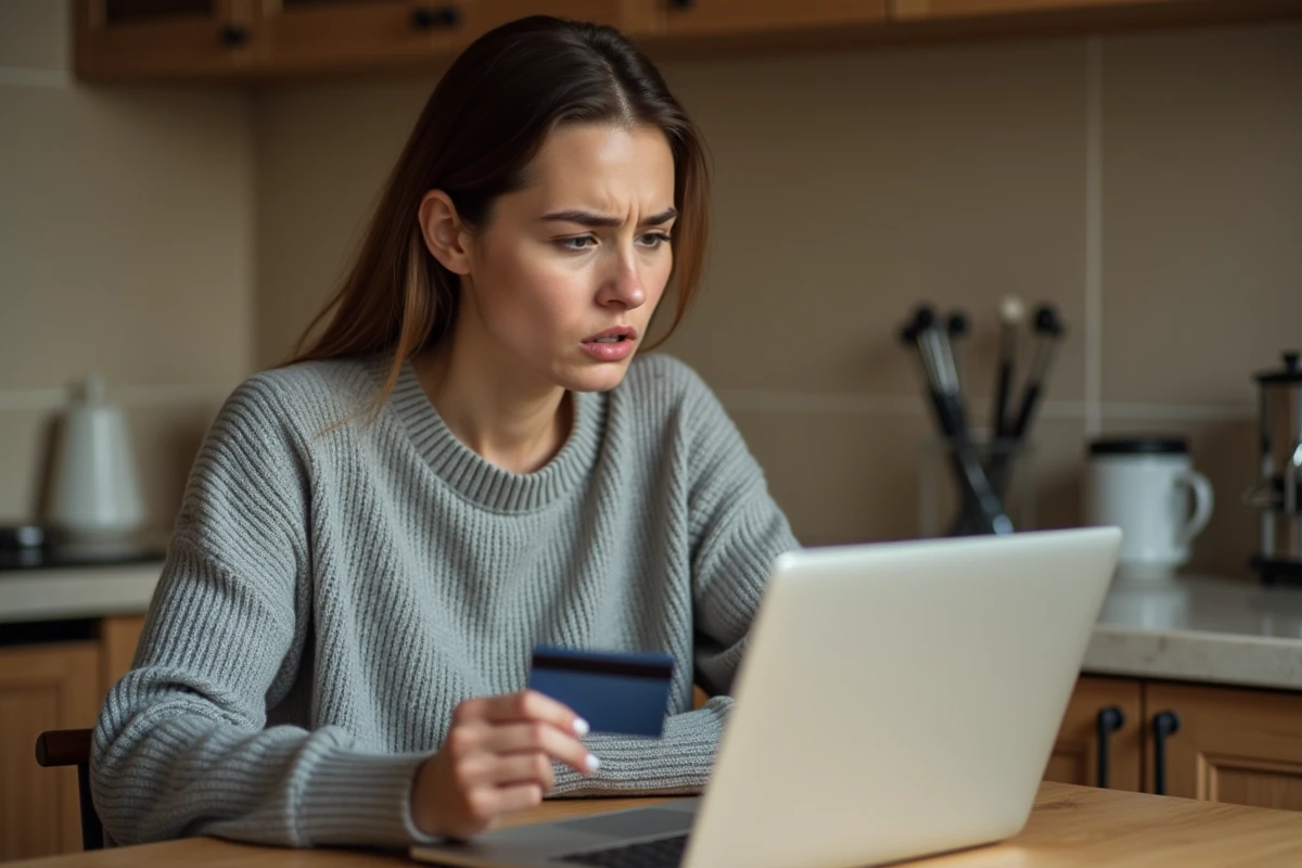 Femme inquiète regardant son écran d'ordinateur portable tenant une carte bancaire, découvrant des paiements inconnus de type AMZ sur son compte