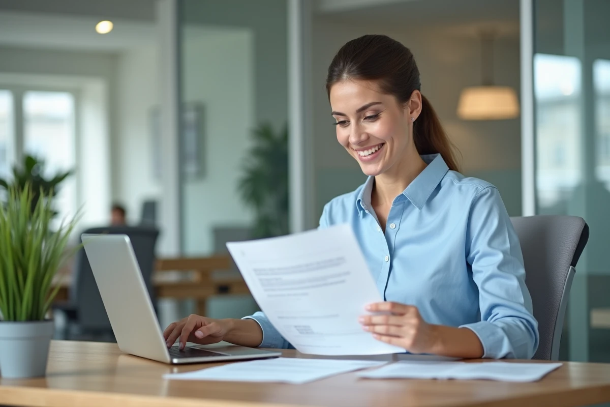 Femme intérimaire consultant des documents de crédit dans un bureau bancaire moderne