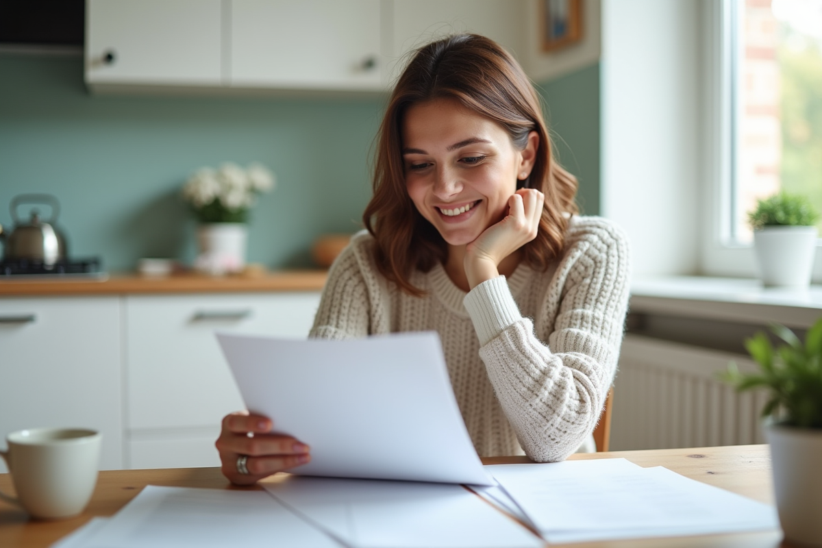 Femme détendue lisant des documents dans une cuisine lumineuse