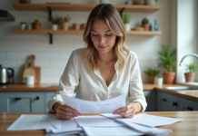Femme assise à la cuisine lisant des papiers avec concentration