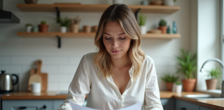 Femme assise à la cuisine lisant des papiers avec concentration