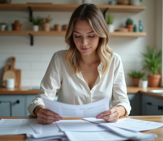 Femme assise à la cuisine lisant des papiers avec concentration