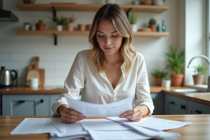 femme-lecture-papiers-cuisine Femme assise à la cuisine lisant des papiers avec concentration