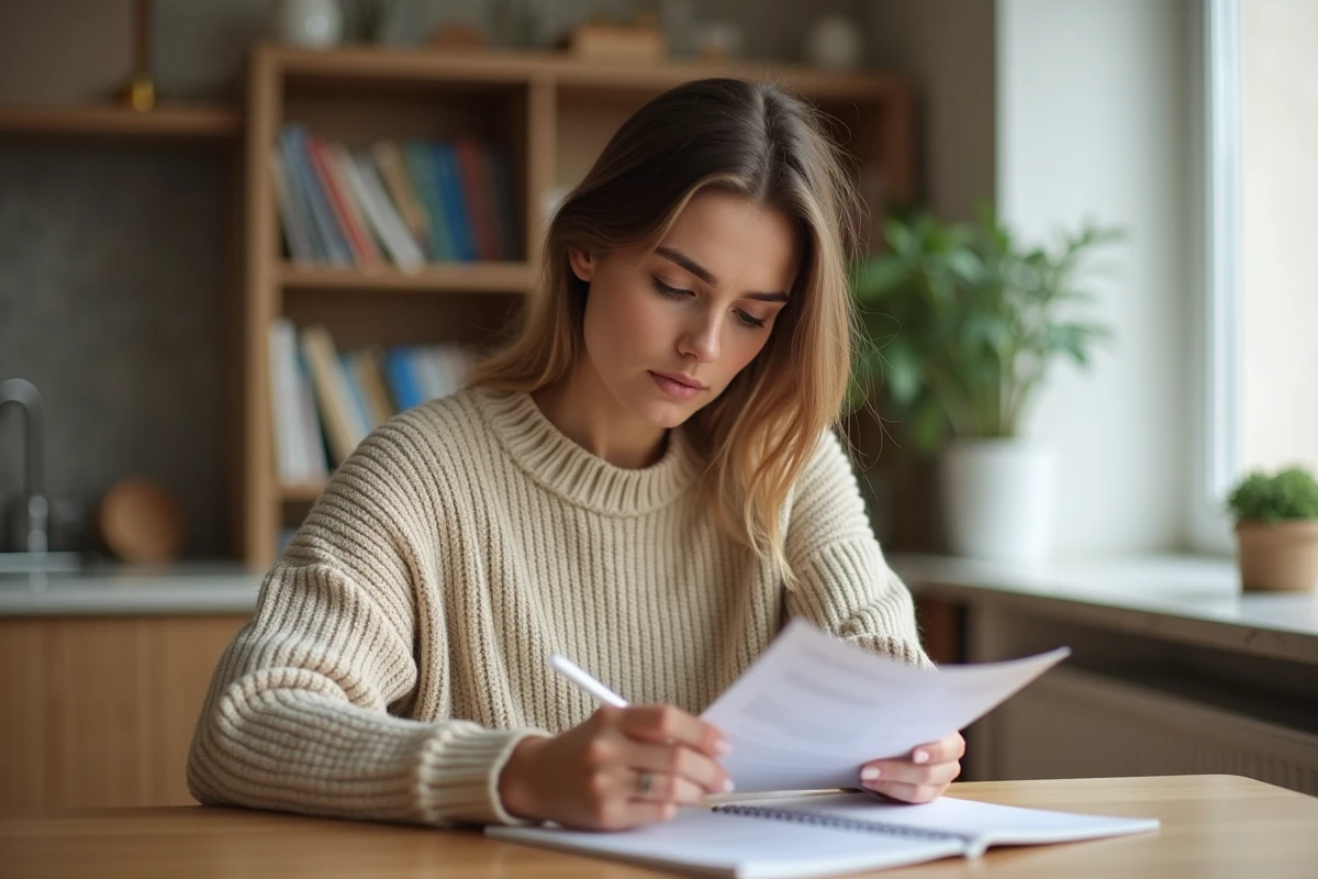 Jeune femme consultant son livret d'épargne à la maison, idéale pour illustrer les finances personnelles des débutants