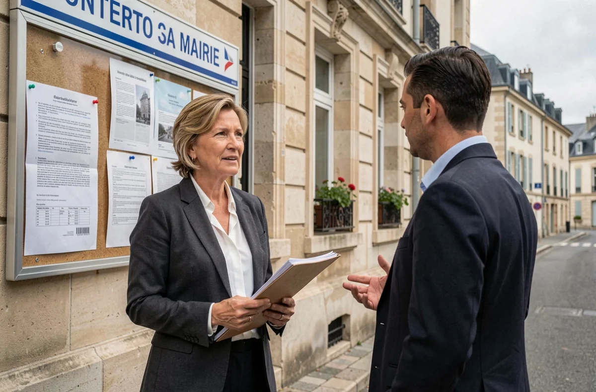 Femme maire devant la façade d'une mairie française discutant de rémunération et de protection sociale avec un collaborateur municipal