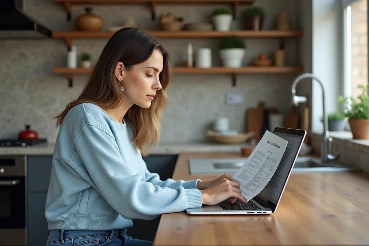 Femme regardant son relevé bancaire dans une cuisine moderne