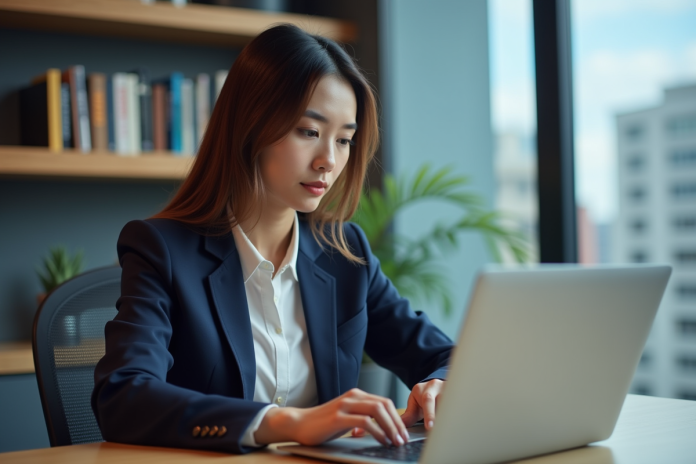 femme-ordinateur-cryptomonnaie Jeune femme vérifiant graphiques Litecoin sur son ordinateur