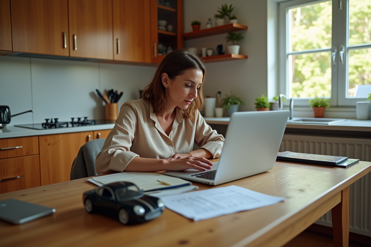 Femme analysant ses notes de budget avec une voiture miniature