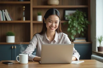 Femme souriante utilisant un ordinateur portable dans un bureau à domicile