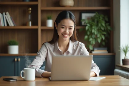 Femme souriante utilisant un ordinateur portable dans un bureau à domicile