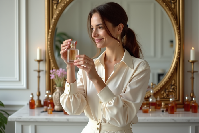 femme-parisienne-parfum Femme élégante en atelier de parfum à Paris