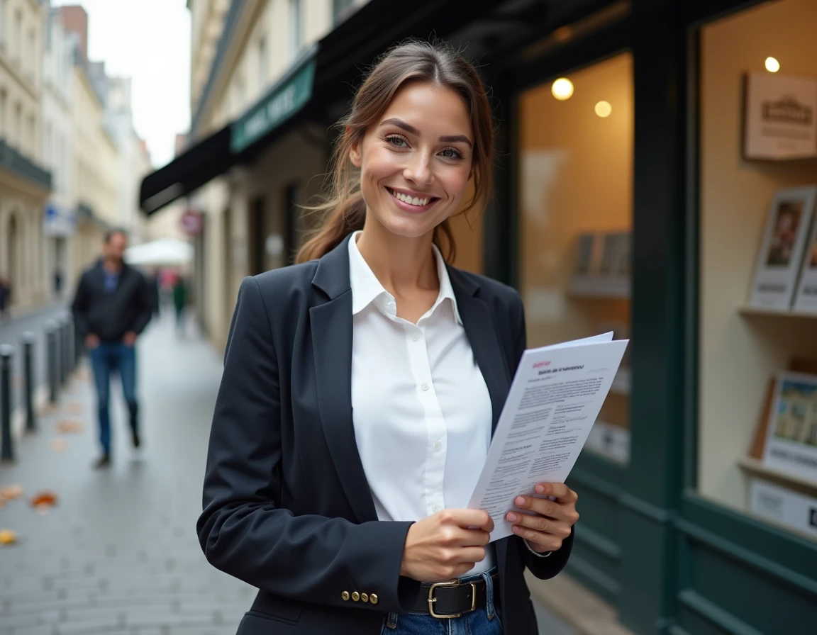 Femme primo-accédante tenant une offre de prêt immobilier devant une agence immobilière en France