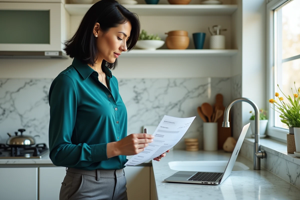 Femme professionnelle utilisant son ordinateur dans la cuisine