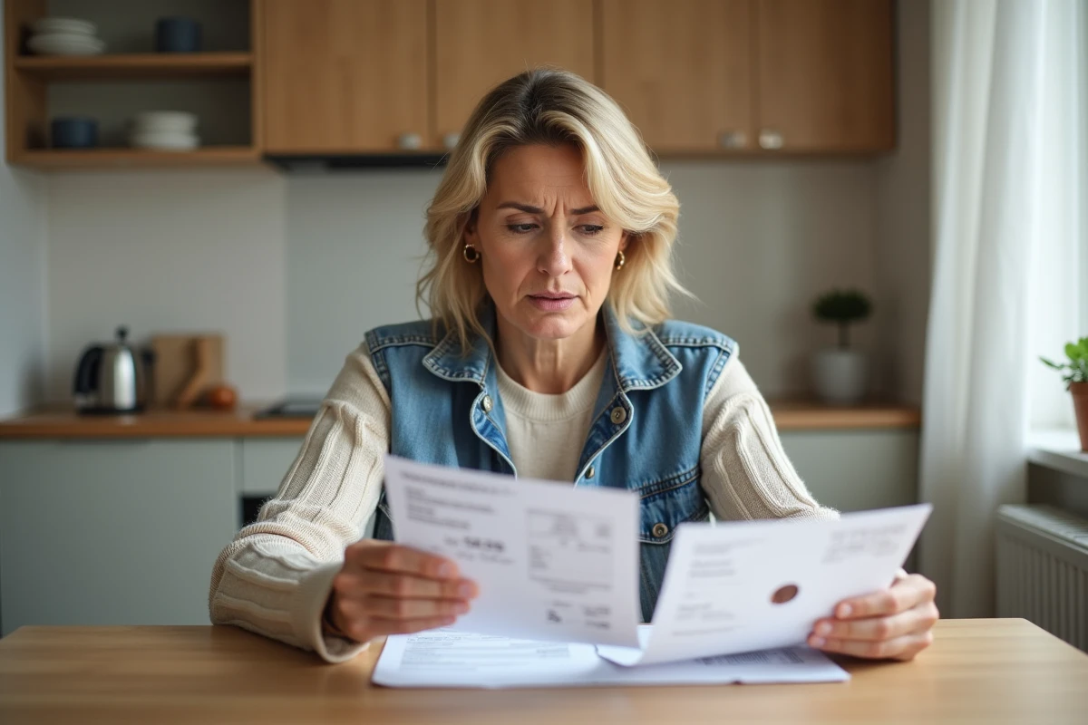 Femme d'âge moyen regardant un reçu et une facture dans la cuisine