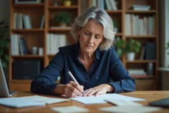 Femme rédigeant un courrier postal formel à son bureau pour contacter ACM IARD SA