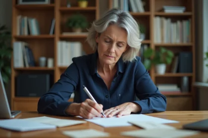 Femme rédigeant un courrier postal formel à son bureau pour contacter ACM IARD SA