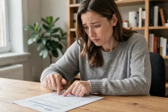 Femme analysant un relevé bancaire avec un débit AMZ Digital FRA d'Amazon Prime