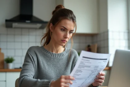 Femme consultant un relevé bancaire pour identifier un prélèvement inconnu de 30 euros