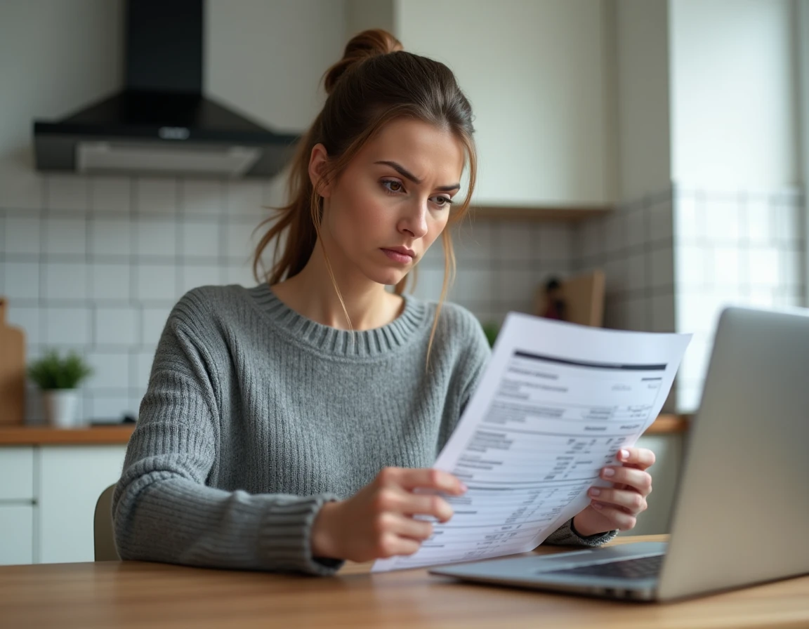 Femme consultant un relevé bancaire pour identifier un prélèvement inconnu de 30 euros