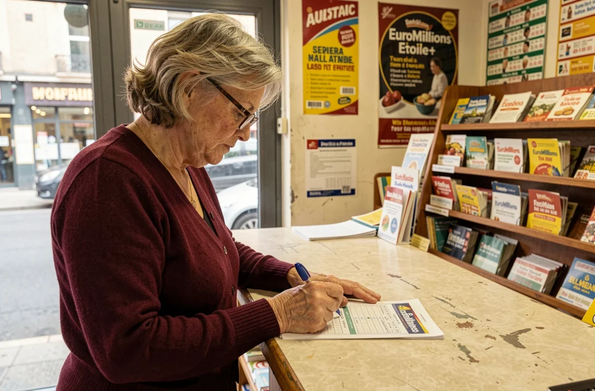 Femme remplissant un bulletin EuroMillions Étoile+ dans un bureau de tabac français