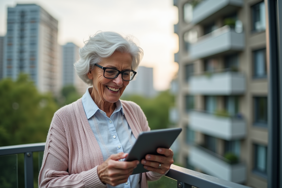 Femme retraitée souriante lisant un graphique sur tablette