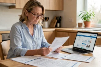 Femme consultant des documents de revenus de placement à la maison pour sa déclaration CAF