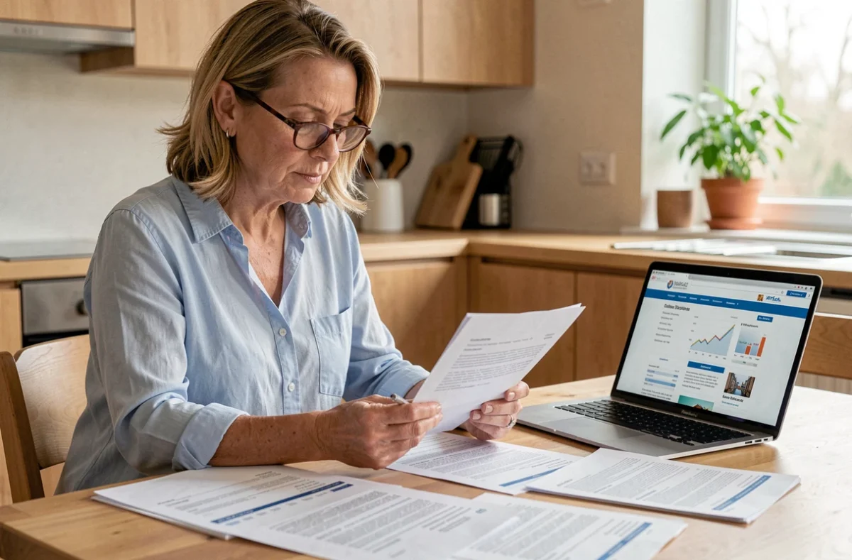 Femme consultant des documents de revenus de placement à la maison pour sa déclaration CAF