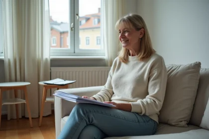 Femme assise seule avec documents dans un appartement modeste