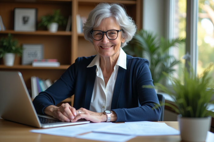 femme-senior-bureau-maison Femme d'âge moyen travaillant à son bureau à domicile
