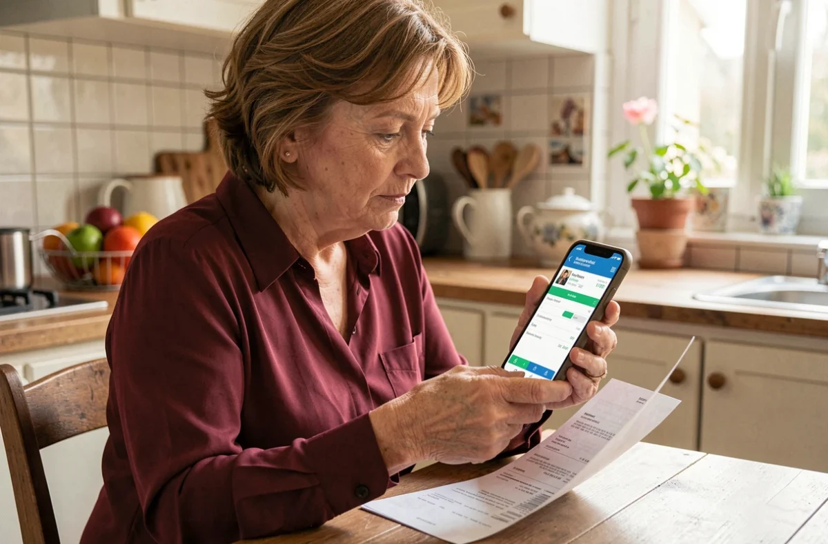 Femme senior effectuant un virement bancaire depuis l'application mobile Banque Populaire Rives de Paris dans une cuisine