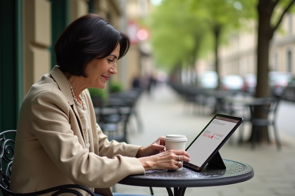Femme utilisant une tablette pour accéder à CDC Net Banque des territoires en terrasse de café