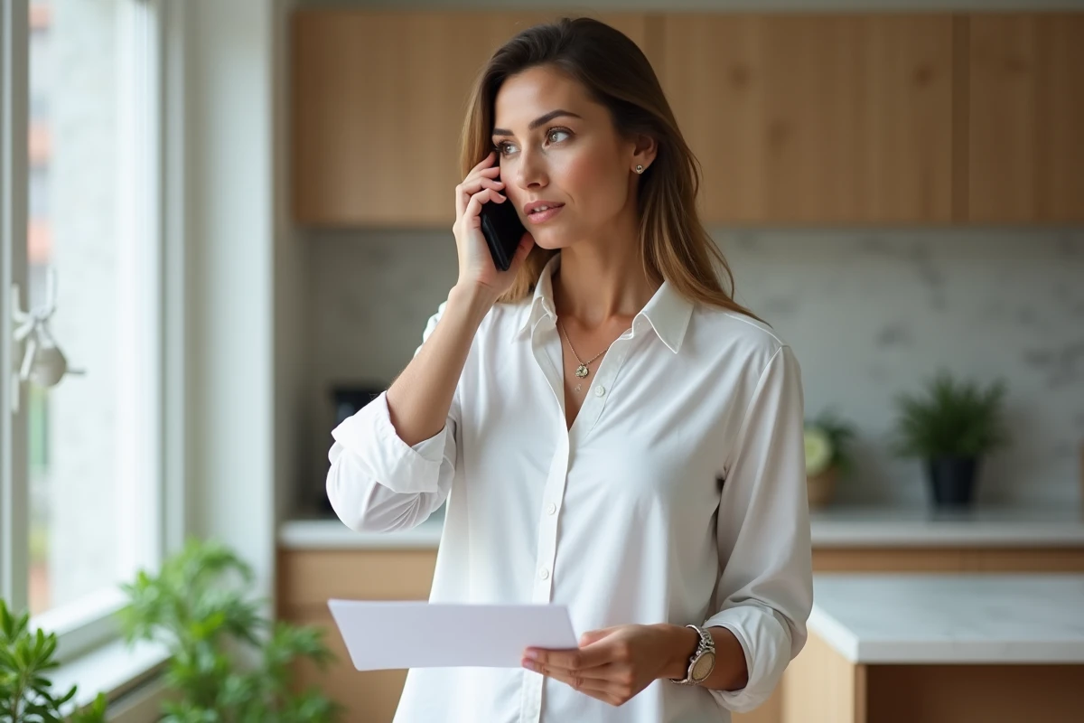 Femme téléphonant au service Cesu Urssaf tout en tenant un courrier administratif pour régulariser une déclaration tardive