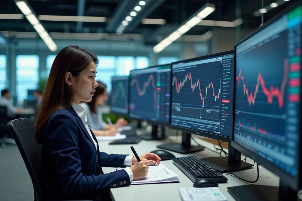 Femme trader professionnelle suivant l'ouverture des marchés boursiers asiatiques sur plusieurs écrans en bureau open space