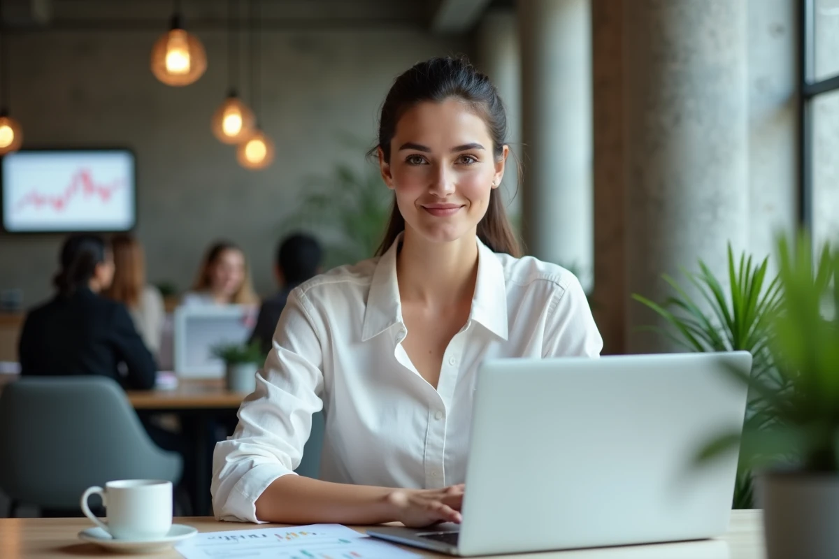 Jeune femme trader professionnelle dans un espace de coworking avec tableau de bord de trading sur ordinateur portable