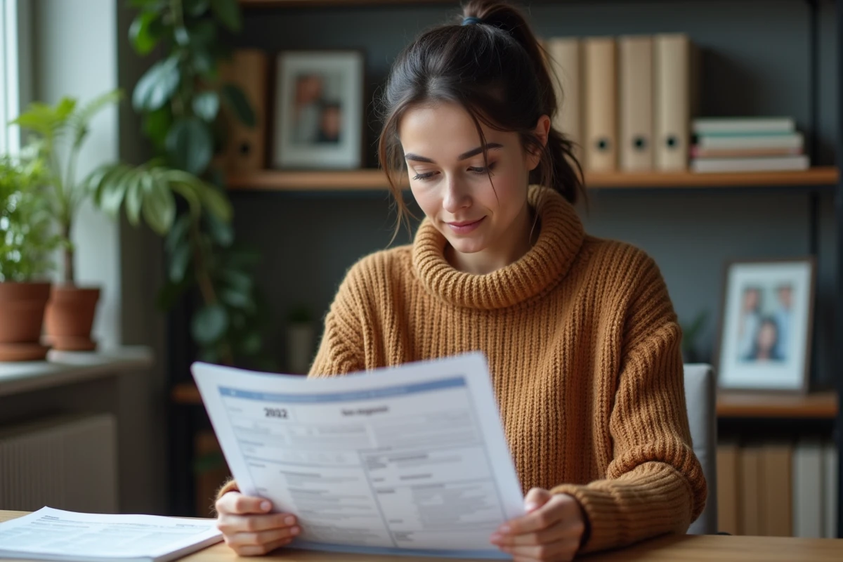 Jeune femme concentrée sur son ordinateur et ses papiers fiscaux
