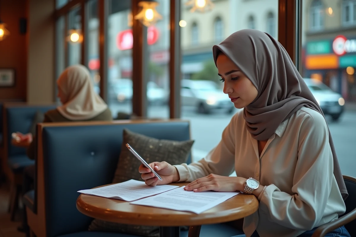 Femme turque avec hijab dans un cafe urbain