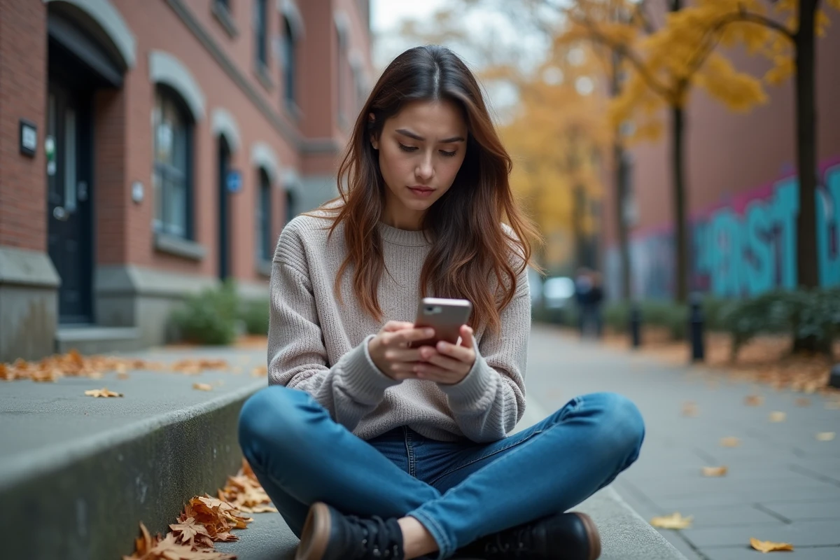 Femme regardant son smartphone dans un cadre urbain automnal
