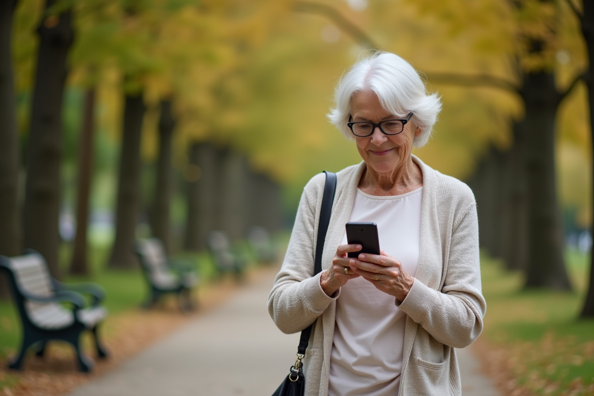 Femme âgée marchant dans un parc avec smartphone et feuilles d