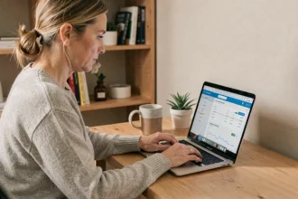 Femme paramétrant un virement bancaire sur l'interface Cyberplus Banque Populaire depuis son ordinateur à domicile