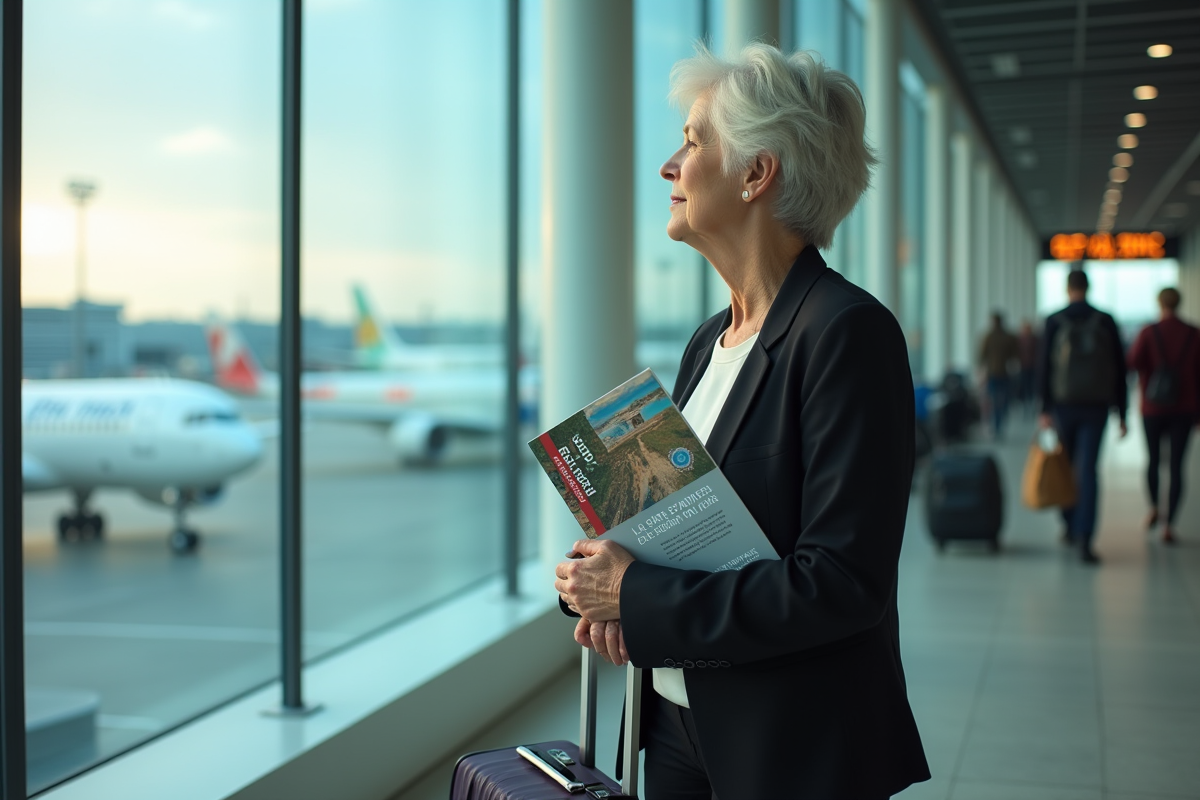 Femme d age mûr regardant l aéroport avec valise et guide