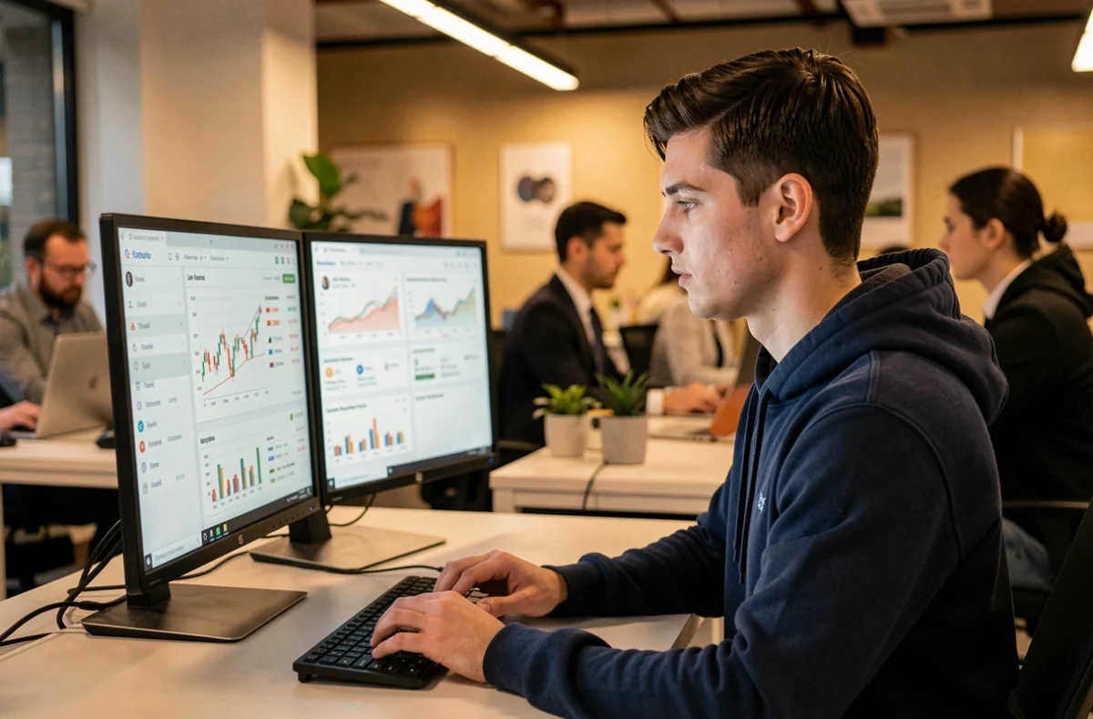 Un courtier digital de Finomo analysant des offres d'assurance emprunteur sur un poste de travail numérique moderne