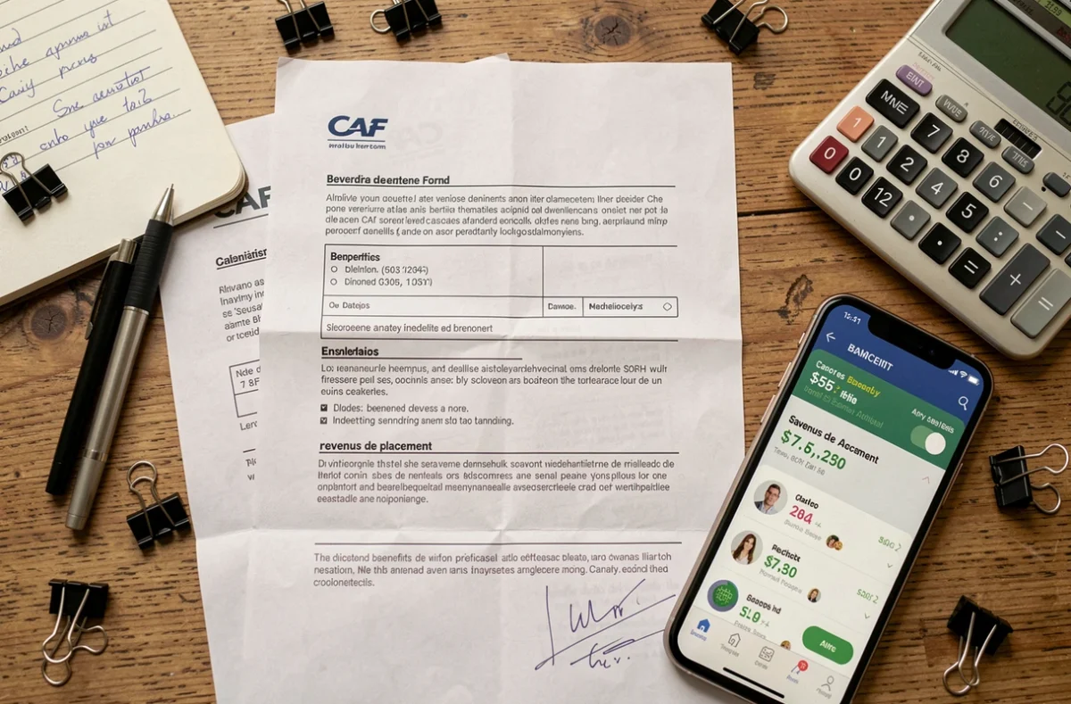Vue aérienne d'une table avec formulaire CAF, calculatrice et relevé de revenus de placement