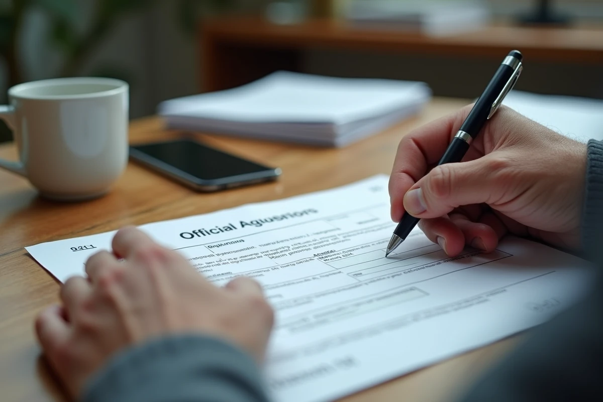 Mains d'un travailleur tenant un formulaire administratif de rente AT-MP sur une table à domicile