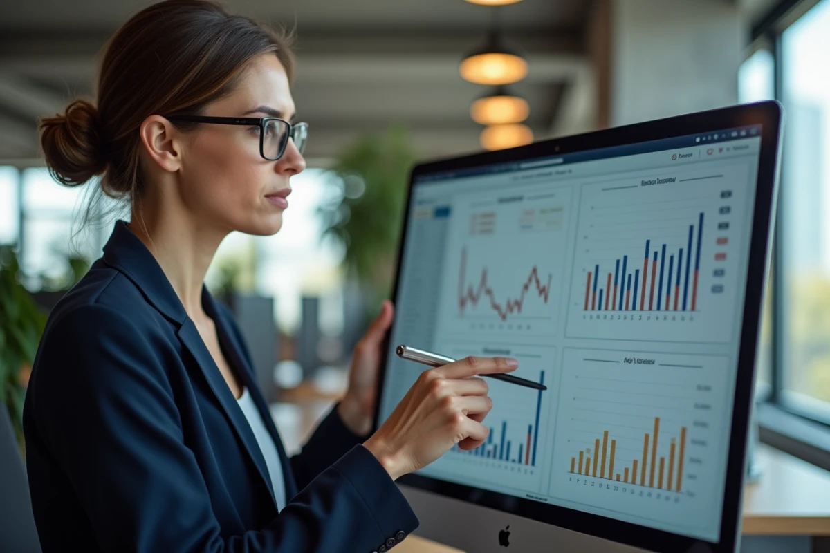 Femme cadre analysant des tableaux de flux de trésorerie sur un écran d'ordinateur dans un bureau moderne